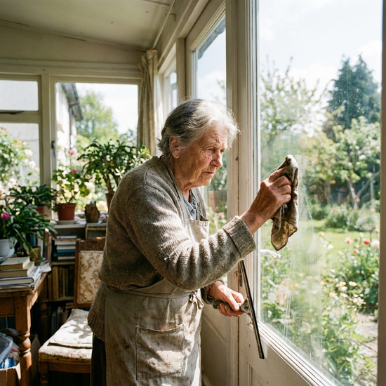 Eine ältere Frau putzt mit einem Staubtuch konzentriert ein Fenster in einem hellen Raum, während draußen die Sonne scheint. Die Szene wirkt alltäglich und authentisch.