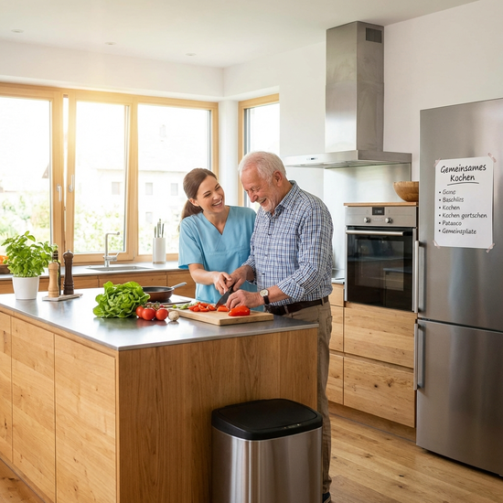 Eine fürsorgliche Betreuerin hilft einem fröhlichen Senior beim gemeinsamen Gemüseschneiden in einer modernen, sauberen Küche. Beide lachen und genießen die gemeinsame Aktivität.