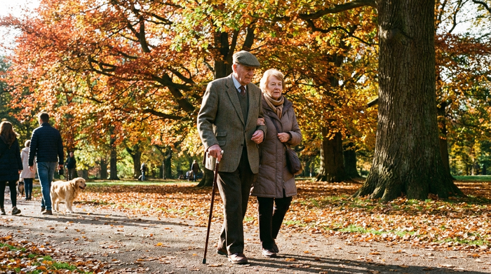 Ein älterer Herr und seine Begleiterin spazieren an einem sonnigen Herbsttag gemütlich durch einen gepflegten Park mit großen, bunten Bäumen. Der Senior stützt sich leicht auf einen eleganten Gehstock.