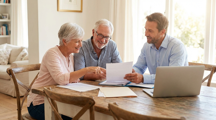 Ein älteres Ehepaar sitzt mit einer freundlichen Beraterin am Esstisch und schaut sich gemeinsam Dokumente an. Die Stimmung ist aufgeschlossen, vertrauensvoll und professionell.
