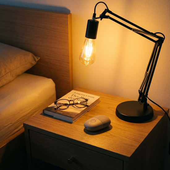 Ein moderner, unauffälliger Hausnotruf-Sender liegt auf einem sauberen Nachttisch neben einem Buch und einer Leselampe im warmen Abendlicht.