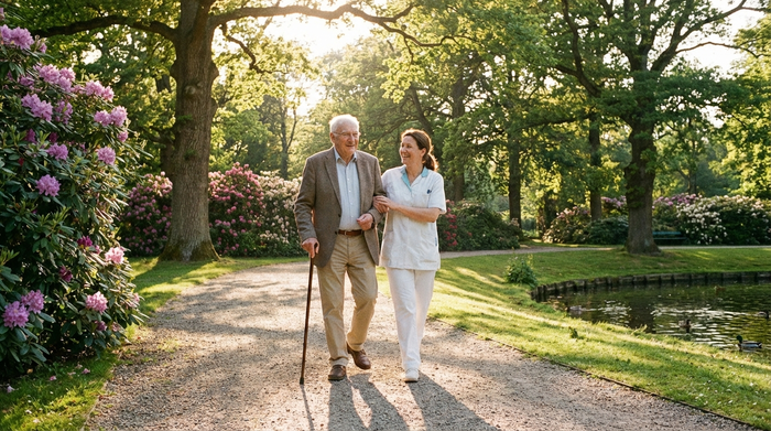 Ein älterer Herr und eine fürsorgliche Betreuerin spazieren an einem sonnigen Nachmittag durch einen gepflegten Park. Beide lächeln und genießen die frische Luft in einer ruhigen, natürlichen Umgebung.