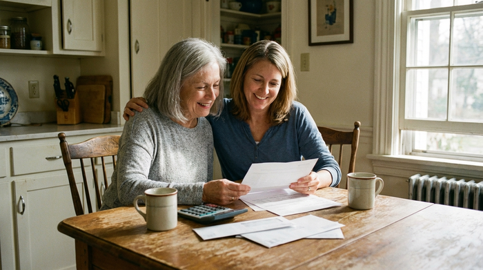 Eine ältere Frau sitzt mit ihrer Tochter am Küchentisch und betrachtet entspannt einige Dokumente. Die Stimmung ist erleichtert und positiv, ein Taschenrechner und eine Kaffeetasse stehen auf dem Holztisch.