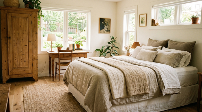 Ein helles, gemütlich eingerichtetes Gästezimmer mit einem bequemen Bett, einem Holzkleiderschrank und einem kleinen Schreibtisch am Fenster. Der Raum wirkt einladend, sauber und bietet einen schönen Rückzugsort.