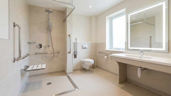 Ein modernes, barrierefreies Badezimmer mit einer ebenerdigen Dusche, hellen Fliesen und stabilen Haltegriffen an den Wänden. Das Bad ist blitzsauber, sicher und sehr gut ausgeleuchtet.