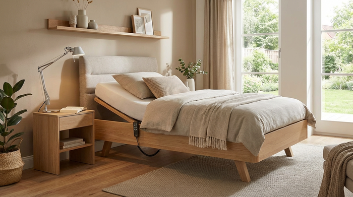 Ein modernes, elektrisches Pflegebett aus hellem Holz in einem wohnlichen Zimmer. Das Kopfteil ist leicht aufgerichtet. Neben dem Bett steht ein dezenter Nachttisch mit einer Leselampe.