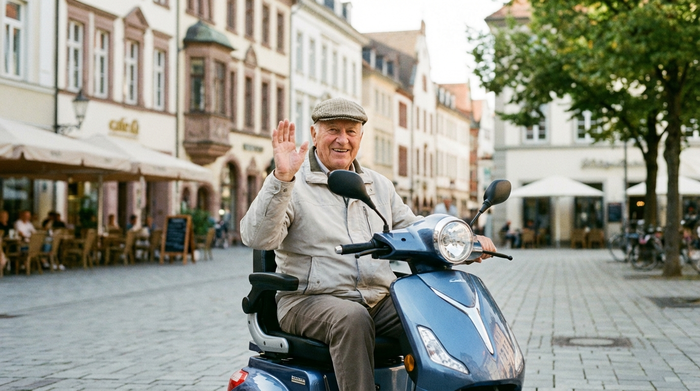Ein rüstiger Senior fährt mit einem modernen Elektromobil durch eine gepflegte Fußgängerzone. Er trägt eine leichte Jacke und lächelt zufrieden. Im Hintergrund sind unscharfe historische Gebäude zu sehen.