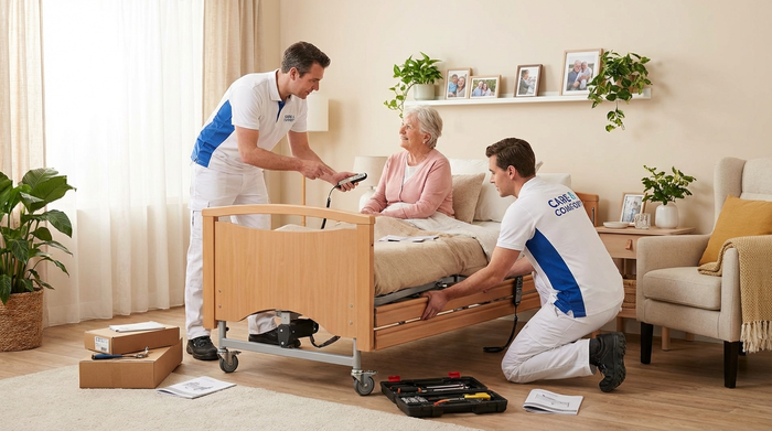 Zwei Servicetechniker in sauberer Arbeitskleidung montieren professionell ein Pflegebett in einem freundlichen Schlafzimmer. Ein Techniker erklärt einer älteren Dame geduldig die Fernbedienung.