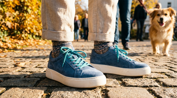 Nahaufnahme von bequemen, modernen Halbschuhen an den Füßen einer älteren Dame, die sicher auf einem gepflasterten Weg steht. Die Szene wirkt hell, aktiv und unbeschwert.