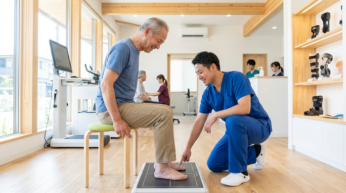 Ein heller, moderner Raum in einem Sanitätshaus. Ein freundlicher Orthopädietechniker in sauberer Arbeitskleidung kniet neben einem älteren Kunden und betrachtet aufmerksam dessen Fußstellung.