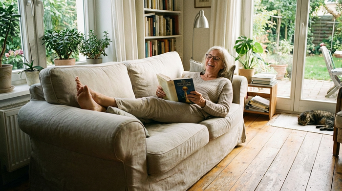 Eine vitale Seniorin sitzt entspannt auf einem gemütlichen Sofa in einem hellen Wohnzimmer, die Beine leicht hochgelegt. Sie wirkt erholt und liest friedlich ein Buch.