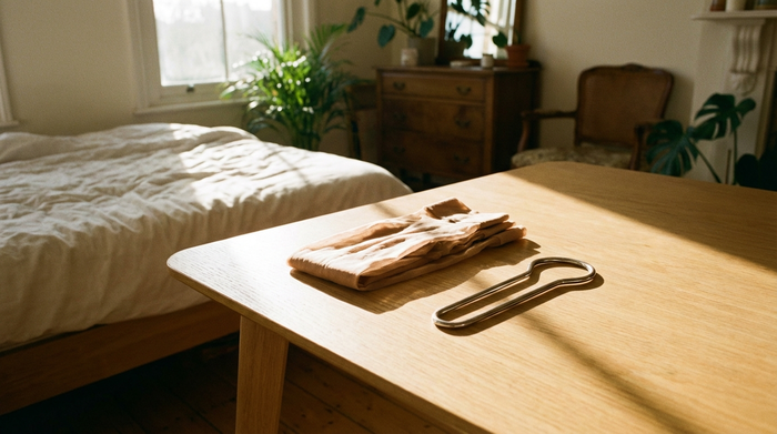 Ein ordentlich gefaltetes Paar eleganter, hautfarbener Strümpfe liegt neben einer praktischen metallenen Anziehhilfe auf einem hellen Holztisch in einem sonnigen Schlafzimmer.