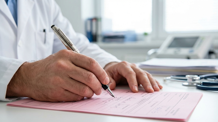 Nahaufnahme der Hände eines Arztes im weißen Kittel, der mit einem hochwertigen Kugelschreiber ein rosafarbenes Dokument ausfüllt. Heller Praxisraum, unscharfer Hintergrund, realistische Details, keine lesbaren Buchstaben.