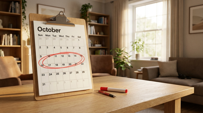 Ein moderner Wandkalender in einem gemütlichen Arbeitszimmer, auf dem eine rote Markierung einen Zeitraum umkreist. Daneben liegt ein Stift auf einem hellen Eichenholzschreibtisch. Sanftes Sonnenlicht, fotorealistisch.