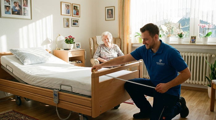 Ein freundlicher Sanitätshaus-Mitarbeiter in blauer Arbeitskleidung misst im Schlafzimmer einer älteren Dame ein elektrisches Pflegebett mit einem Maßband aus. Helles Zimmer, vertrauensvolle Atmosphäre, realistische Pflegesituation.