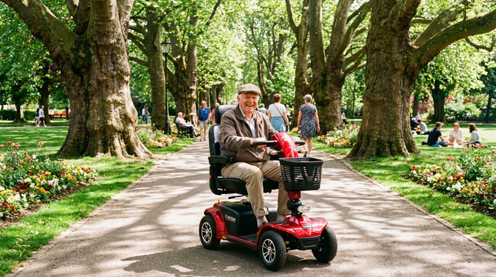 Ein rüstiger Senior fährt an einem sonnigen Tag mit einem modernen, roten Elektromobil durch einen grünen Park. Alte Bäume, gepflegte Wege, fröhlicher Gesichtsausdruck, lebendige Farben.
