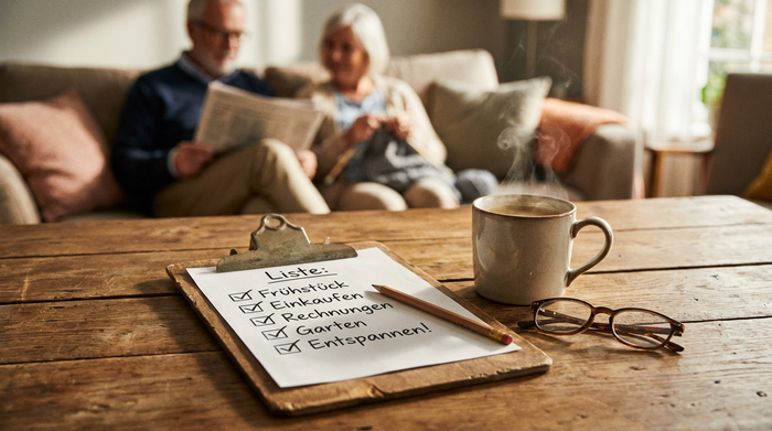 Ein Klemmbrett mit einer abgehakten Liste liegt auf einem Holztisch, daneben eine dampfende Tasse Kaffee und eine Lesebrille. Im unscharfen Hintergrund entspannt sich ein älteres Ehepaar auf dem Sofa.
