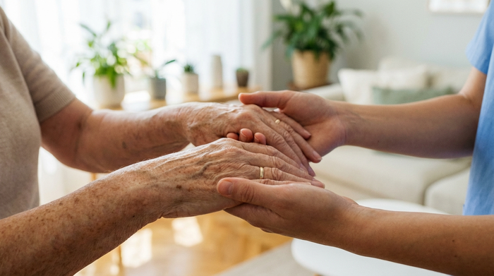 Eine Nahaufnahme von gepflegten Händen einer älteren Frau, die sanft von den Händen einer jüngeren Pflegekraft gehalten werden. Im Hintergrund unscharf ein helles, sauberes Wohnzimmer. Ruhige, vertrauensvolle Stimmung, realistisch.