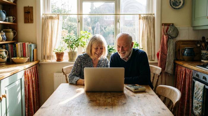 Ein älteres Ehepaar sitzt am heimischen Küchentisch vor einem Laptop und einem Taschenrechner. Beide schauen zufrieden auf den Bildschirm. Helles Sonnenlicht fällt durch das Fenster, gemütliche Einrichtung, keine sichtbaren Texte oder Diagramme.