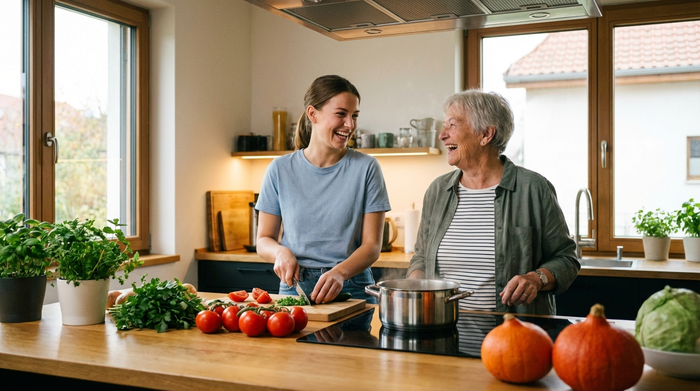 Eine junge, sympathische Betreuungskraft kocht gemeinsam mit einer älteren Dame in einer modernen Küche. Frisches Gemüse liegt auf der Arbeitsplatte. Beide lachen herzlich. Warme Beleuchtung, authentische Alltagssituation.
