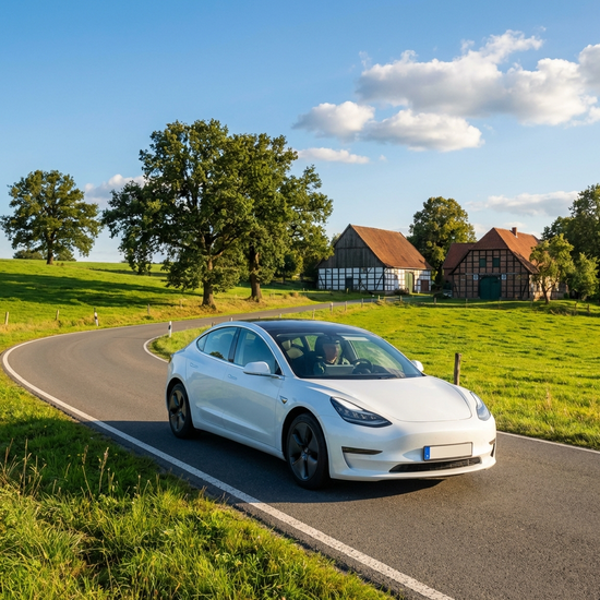 Ein modernes, weißes Auto fährt über eine malerische Landstraße im Osnabrücker Land, umgeben von weiten grünen Wiesen und alten Bäumen unter blauem Himmel.