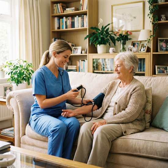 Eine examinierte Pflegekraft misst den Blutdruck einer entspannten Seniorin auf einem bequemen Sofa im Wohnzimmer, professionelle und ruhige Stimmung.