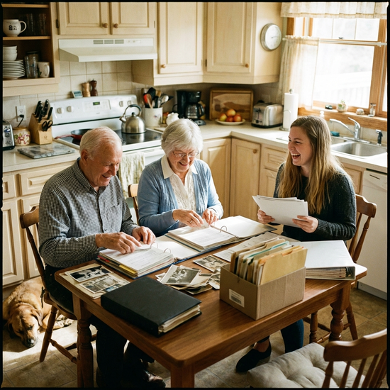 Ein älteres Ehepaar sitzt am Küchentisch und sortiert gemeinsam mit einer jüngeren Angehörigen Dokumente in Ordnern, harmonische familiäre Zusammenarbeit.