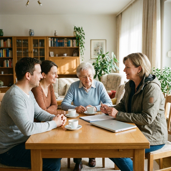 Eine Pflegedienstleitung im Gespräch mit einer Familie am Wohnzimmertisch, alle wirken konzentriert und freundlich, Kaffeetassen stehen auf dem Tisch.