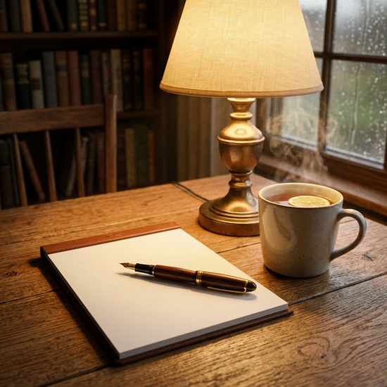 Ein sauberer Notizblock mit einem edlen Stift liegt auf einem Holztisch, daneben dampft eine Tasse Tee im warmen Licht einer Tischlampe.