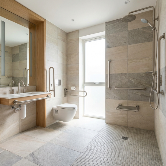 Ein modernes, helles und barrierefreies Badezimmer mit einer großen, bodengleichen Dusche, rutschfesten Fliesen und eleganten Haltegriffen an den Wänden.