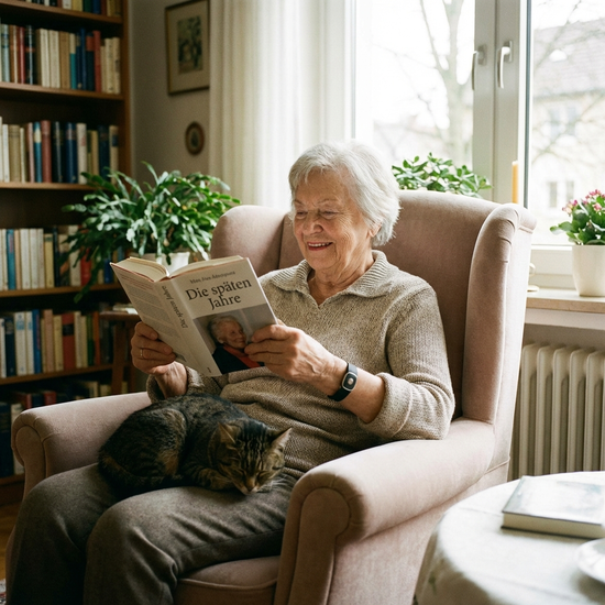 Eine Seniorin trägt ein unauffälliges Hausnotruf-Armband am Handgelenk und liest vollkommen entspannt ein Buch in einem bequemen Sessel.