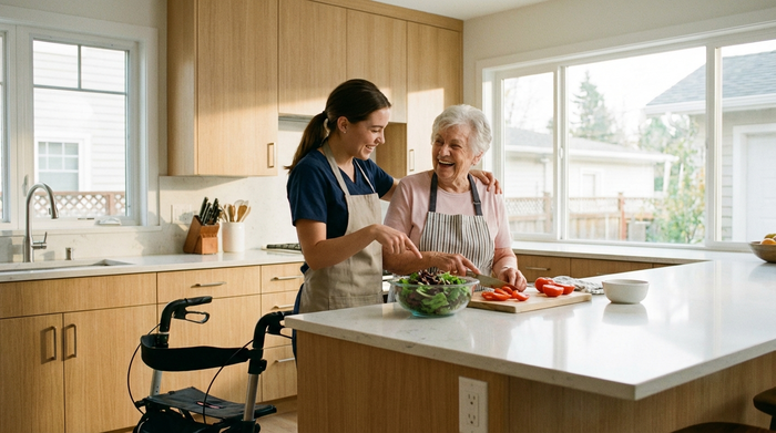 Eine freundliche, junge Betreuungskraft und eine Seniorin bereiten gemeinsam in einer modernen, sauberen Küche einen frischen Salat zu. Beide lachen und wirken sehr vertraut miteinander.
