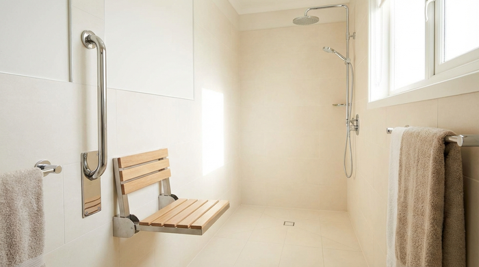 Eine moderne, barrierefreie, ebenerdige Dusche in einem hell gefliesten Badezimmer. An der Wand ist ein stabiler Haltegriff montiert. Ein sicherer Duschklappsitz ist an der Wand befestigt. Sauber und einladend.