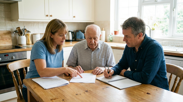 Zwei erwachsene Kinder sitzen gemeinsam mit ihrem alten Vater am Küchentisch und schauen sich konzentriert Papiere an. Sie besprechen ruhig und strukturiert die nächsten Schritte der Pflegeplanung. Helle Beleuchtung.