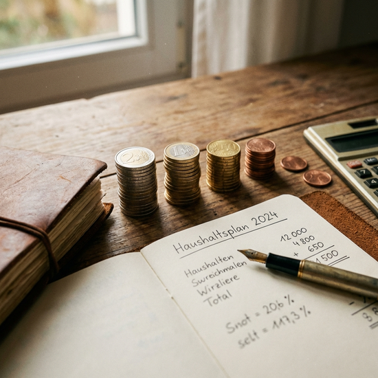 Nahaufnahme von gestapelten Euro-Münzen neben einem Notizbuch und einem Stift auf einem Holztisch im sanften Licht. Symbolisiert finanzielle Planung.
