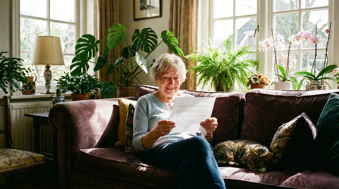 Eine ältere Dame lächelt erleichtert, während sie einen Brief liest. Sie sitzt auf einem bequemen Sofa in einem sonnendurchfluteten Wohnzimmer mit Zimmerpflanzen.