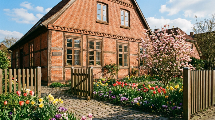 Ein gepflegtes, traditionelles Einfamilienhaus aus rotem Backstein in Osnabrück mit einem kleinen Vorgarten und blühenden Blumen im Frühling unter blauem Himmel.