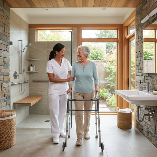Eine freundliche Pflegekraft in weißer Berufskleidung hilft einer älteren Frau liebevoll beim Gehen in einem modernen, barrierefreien Badezimmer mit ebenerdiger Dusche.