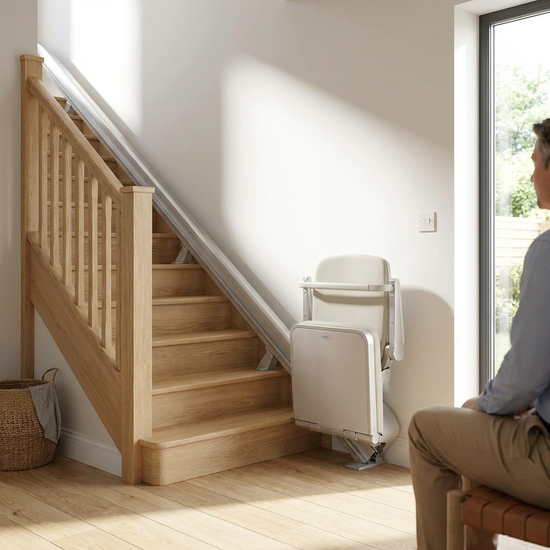 Ein moderner, unauffälliger Treppenlift an einer hellen Holztreppe in einem gepflegten Einfamilienhaus, bereit für die sichere Fahrt ins obere Stockwerk.