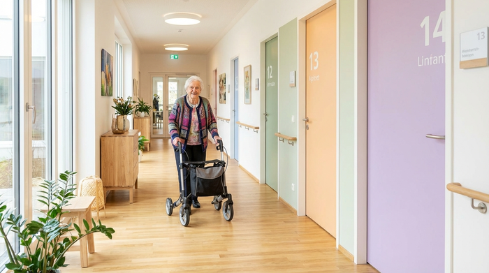 Ein heller, freundlicher Flur in einer modernen Pflegeeinrichtung mit farblich sanft hervorgehobenen Türen zur besseren Orientierung. Eine ältere Person geht entspannt mit einem Rollator auf dem glatten Holzboden.