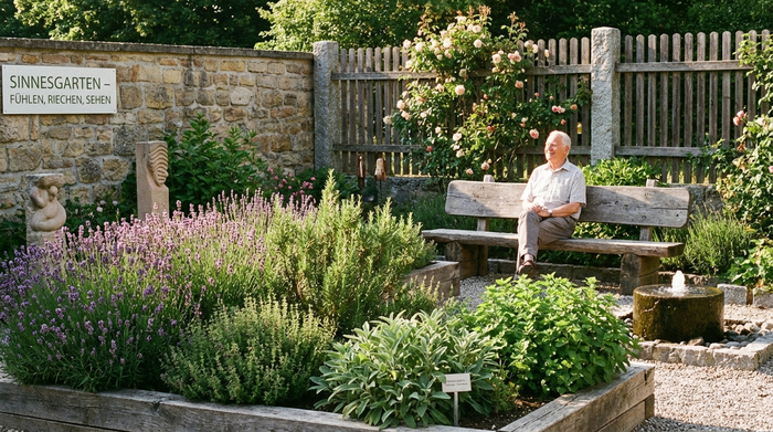 Ein wunderschöner, sicher umzäunter Sinnesgarten mit erhöhten Hochbeeten voller Lavendel und frischer Kräuter. Ein älterer Herr sitzt entspannt auf einer rustikalen Holzbank und genießt die warme Nachmittagssonne.