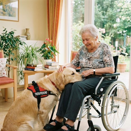 Ein freundlicher, ruhiger Therapiehund legt seinen Kopf sanft auf den Schoß einer lächelnden Seniorin im Rollstuhl, die ihm liebevoll über das weiche Fell streichelt.