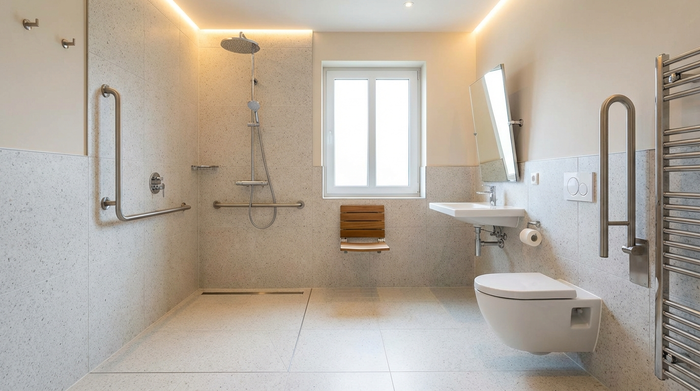 Ein modern umgebautes, barrierefreies Badezimmer mit einer großzügigen, bodengleichen Dusche, rutschfesten hellen Fliesen und stabilen, eleganten Haltegriffen an den Wänden.