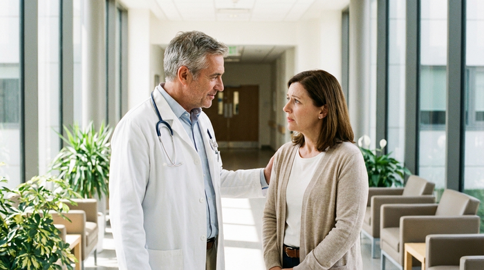 Ein freundlicher Arzt in einem hellen Krankenhausflur, der sich ruhig und empathisch mit einer besorgten Angehörigen unterhält. Professionelle und beruhigende Atmosphäre, weiches Licht.