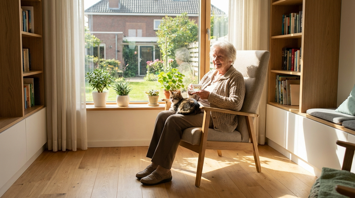 Eine ältere Dame sitzt entspannt in einem gemütlichen Sessel in einem modernen, lichtdurchfluteten Zimmer eines Pflegeheims und schaut lächelnd aus dem Fenster.