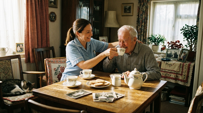 Eine liebevolle Pflegekraft unterstützt einen lächelnden Senior beim Teetrinken am heimischen Esstisch. Warme, häusliche Umgebung, vertrauensvolles und fröhliches Miteinander.