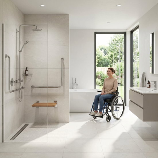 Ein modern umgebautes, helles und barrierefreies Badezimmer mit einer bodengleichen Dusche, eleganten Haltegriffen und einem bequemen Duschsitz.