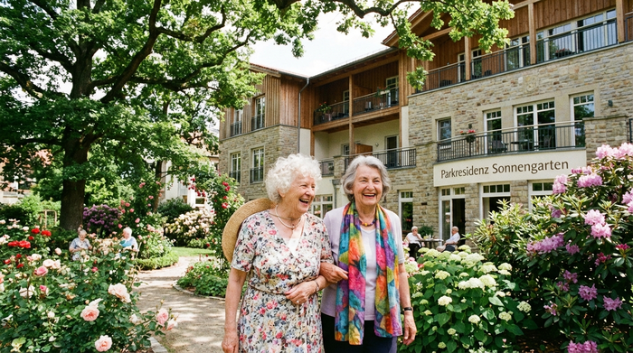 Zwei Frauen spazieren fröhlich durch einen gepflegten Garten einer Seniorenresidenz, umgeben von blühenden Blumen und großen Bäumen an einem sonnigen Tag.
