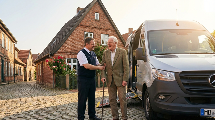 Ein freundlicher Fahrer eines barrierefreien Kleinbusses hilft einem lächelnden Senior mit Gehstock behutsam beim Einstieg. Die Szene findet an einem sonnigen Morgen vor einem typischen norddeutschen Backsteinhaus statt.