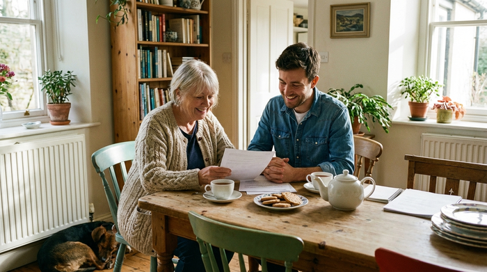 Eine ältere Dame und ein jüngerer Angehöriger sitzen am Küchentisch und betrachten entspannt Dokumente. Beide lächeln erleichtert, eine Tasse Tee steht auf dem Tisch im gemütlichen Wohnbereich.
